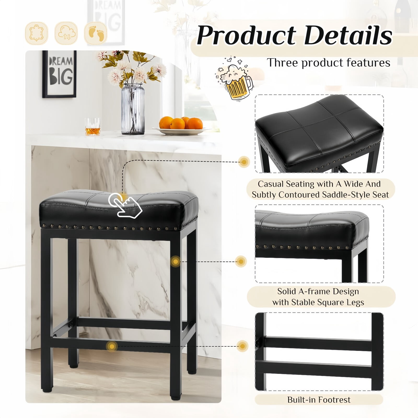 Kelno 24 Inch Saddle Bar Stool Set of 2 PU Leather Counter Stools with Steel Frame and Footrest, Black