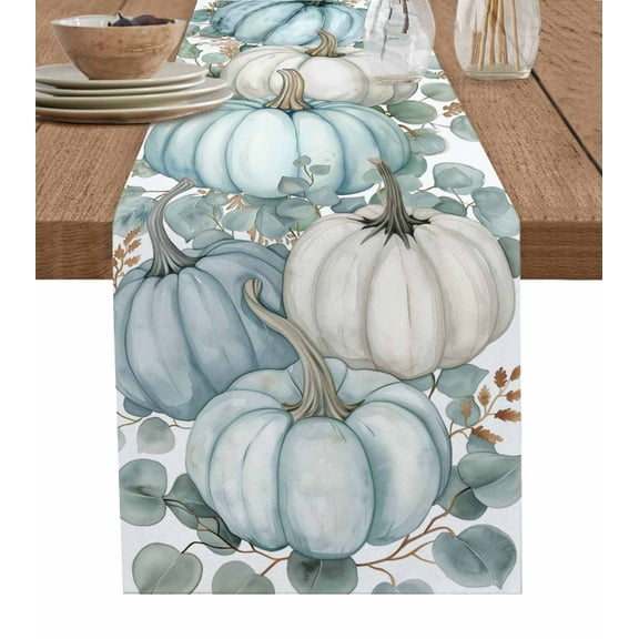 Ldtrchee Aqua White Pumpkins Fall Table Runner 60 Inches, Thanksgiving Eucalyptus Leaves Bed Runner Dresser Scarves Tabletop for Indoor Outdoor Parties/Ceremony/Banquet, 13" x 60"