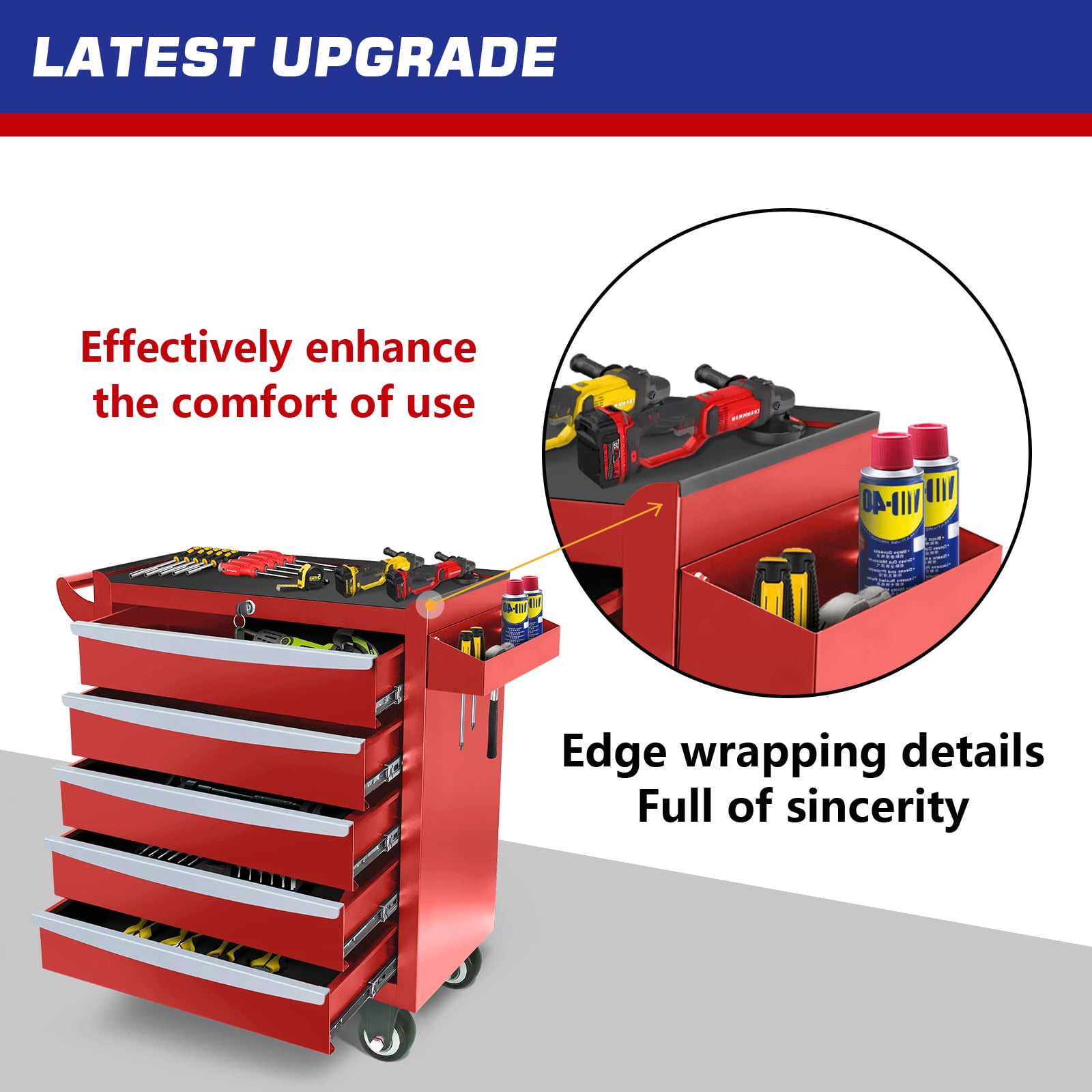Rolling Tool Box on Wheels, Seizeen 5-Drawer Tool Chest & Storage Cabinet, Lockable Tool Organizer for Garage Warehouse, Red