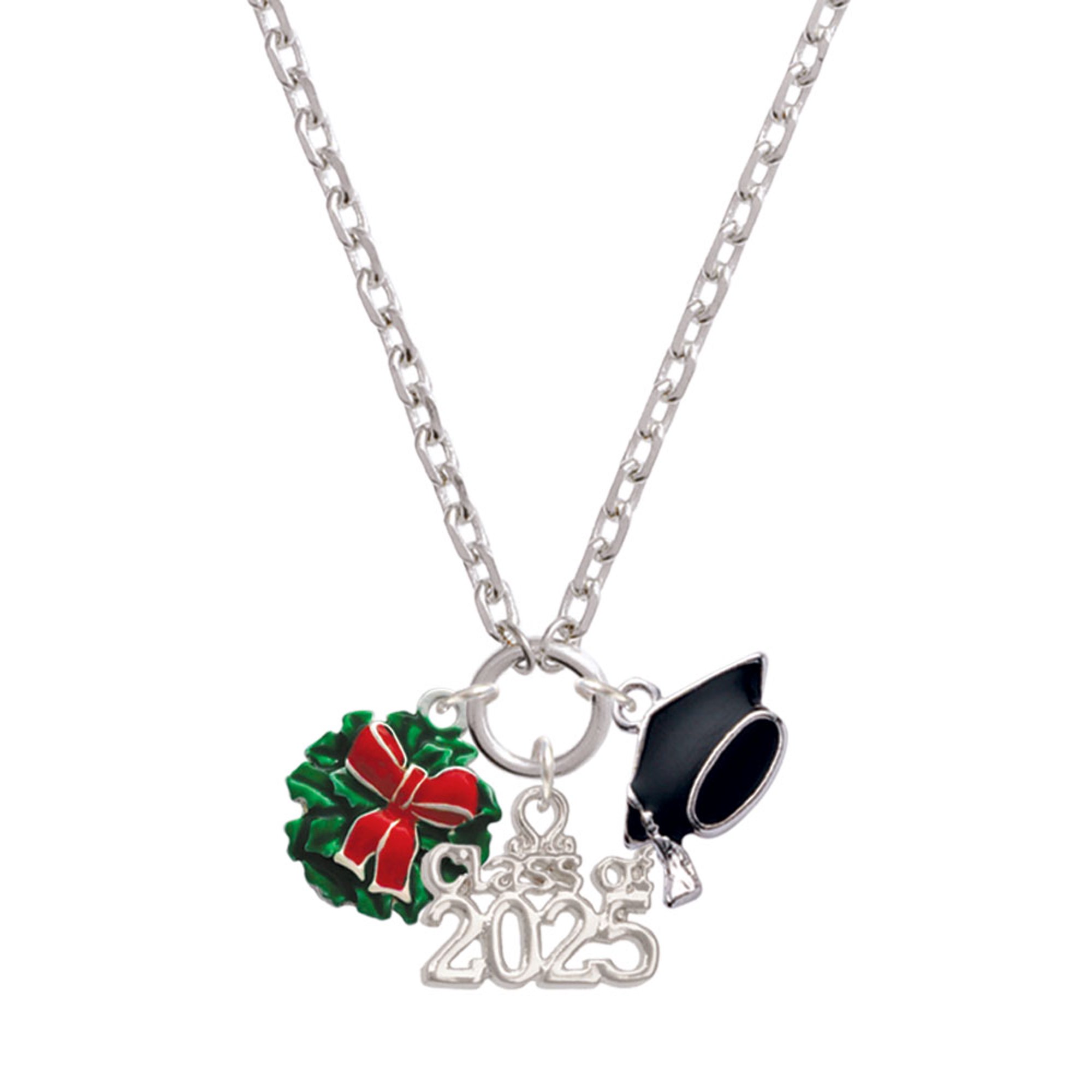 Delight Jewelry Enamel Wreath with Bow - Silver-tone Class of 2025 Graduation Zoey Necklace, 28"