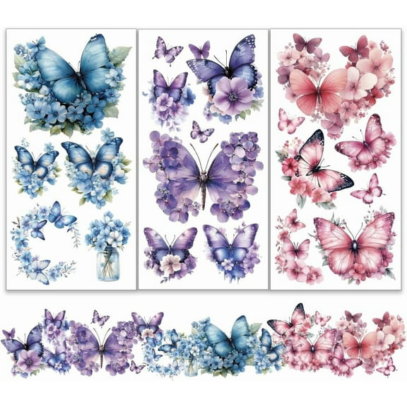 3pcs/Set Butterfly Flowers Rub on Transfers for Furniture and Crafts 6x12 Inch Butterfly Bloom Furniture Transfer Stickers Multicolor Furniture Decals Decor for Wood Furniture Scrapbooking