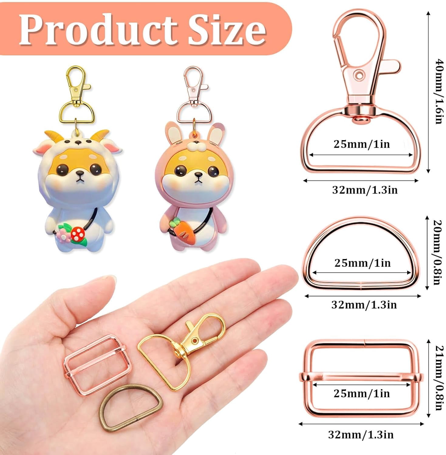 Keychain Bulk with Key Chain Swivel H D Rings and Slide Buckles for Handbag Purse Hardware Craft (1 Inch)
