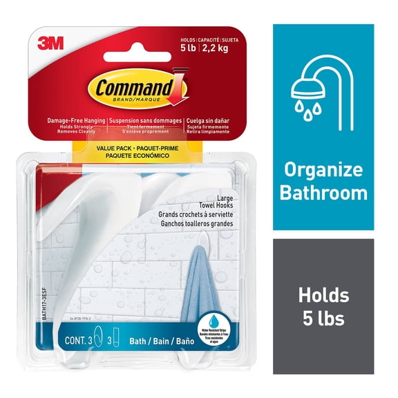 Command Large Towel Hooks Value Pack, Frosted, 3 Hooks, Organize Bathroom