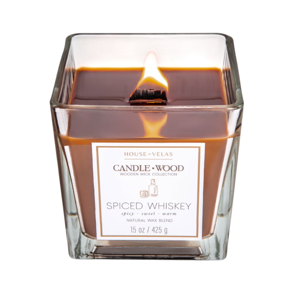 House of Velas Candle Wood Collection, 15 oz, 1 Wooden Wick, Spiced Whiskey, Square Glass Jar Candle
