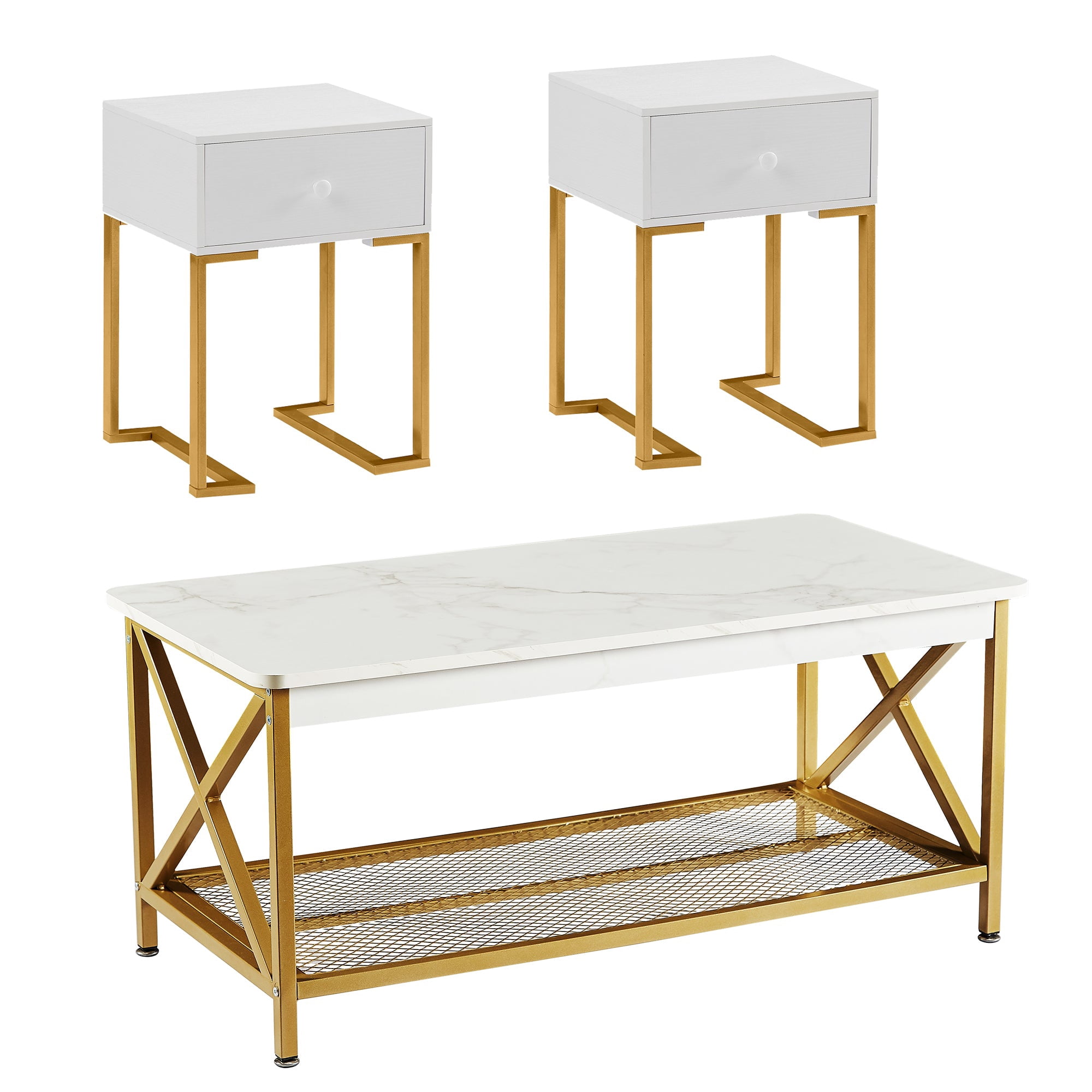 3-Piece Coffee Table Set With Tempered Glass - Includes Coffee Table & 2 End Tables, Black Metal Frame