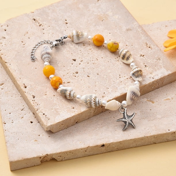 Nvzi Pulsera de cuentas de arroz con concha Pulsera de cuentas de cristal con colgante de playa, estilo F