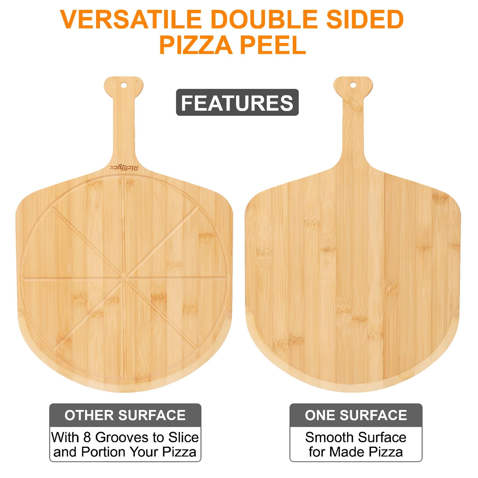 12 Inch With Grooves - 2 Pizza Peel Set, Double-Sided Use Board for Bread Cheese Vegetable Fruits