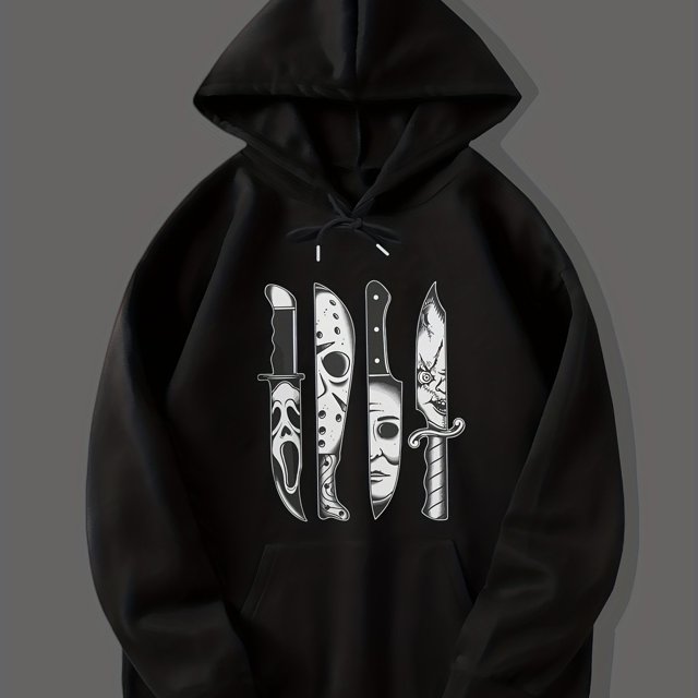 Horror Movies Characters Print Hoodie, Hoodies Para Hombres, Sudadera Con Capucha Casual Para Hombres Con Diseño Gráfico Y Bolsillo Canguro Streetwear Para Invierno Otoño, Como Regalos