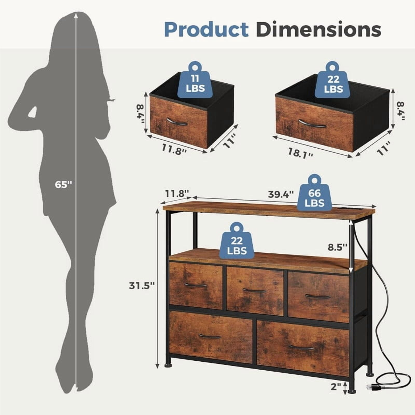 Kelno TV Stand with 5 Fabric Drawer Dresser Chest Storage Organizer, Rustic Brown