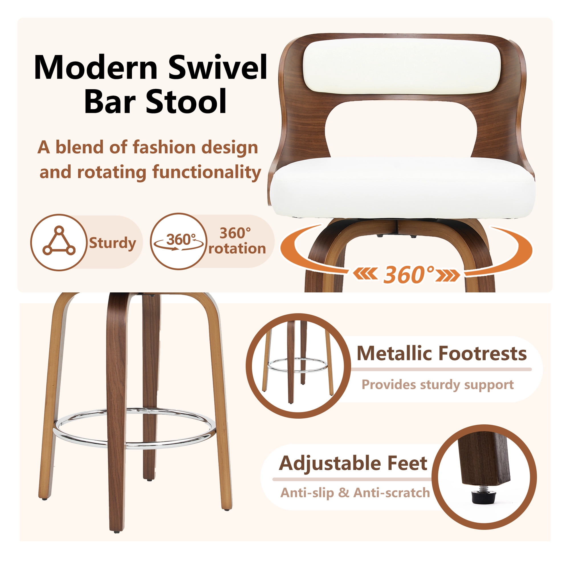 ClinQ 26 inch Swivel Bar Stools Set of 3, Counter Height Bar Chairs with Walnut Legs and Silver Ring Footrest, Upholstered Faux Leather, White