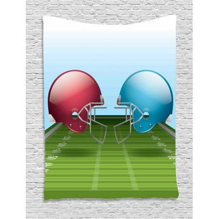 Football Tapestry, American College Sports Composition with a Striped Pitch and Equipment, Wall Hanging for Bedroom Living Room Dorm Decor, Coral Blue Green White, by