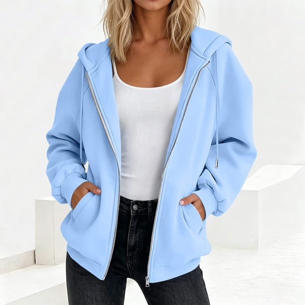 Neewe Hoodies Shirts for Women Early Fall Long Sleeve Tops Plain Outfits Tops Fashion Full Zip Tees 2025