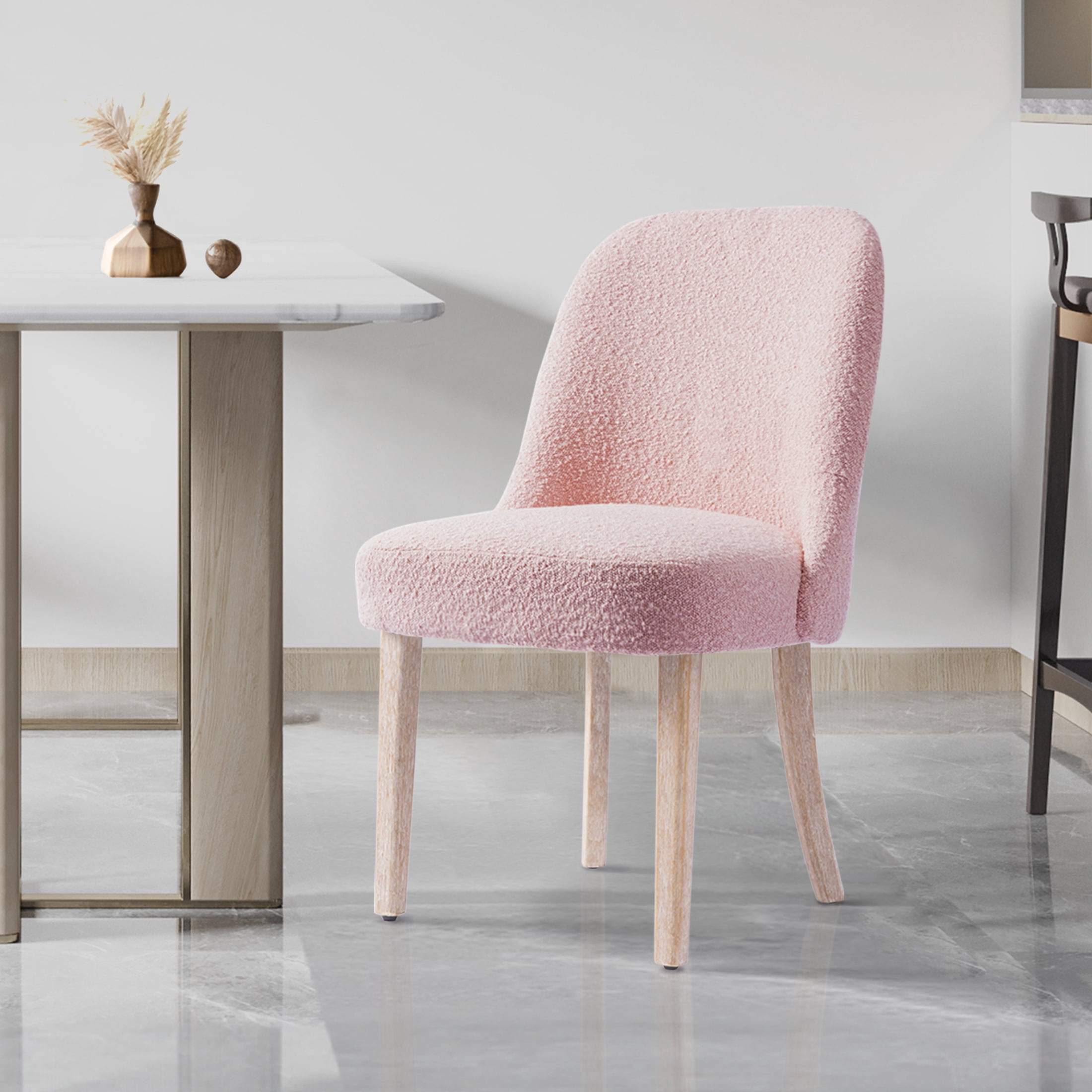 Contemporary Water and Stain Resistant Boucle Fabric Upholstered Dining Side Chair, Dusty Peach