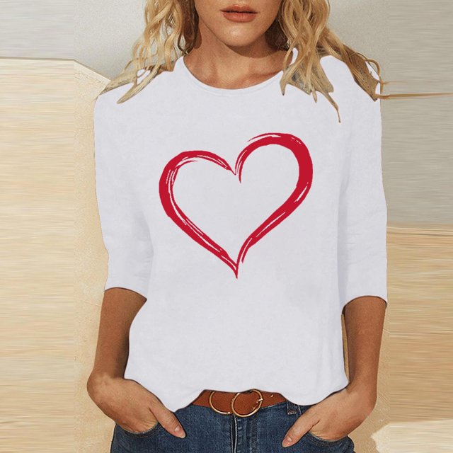 Ailaofu T-Shirts de la Saint-Valentin à Manches 3/4 Col Rond pour Femmes avec Imprimé Cœur Graphique