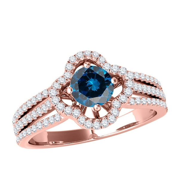Mauli Jewels Engagement Rings for Women 1 Carat Glitzy Halo Blue Diamond Engagement Wedding Ring 4-prong 14k Solid Rose Gold