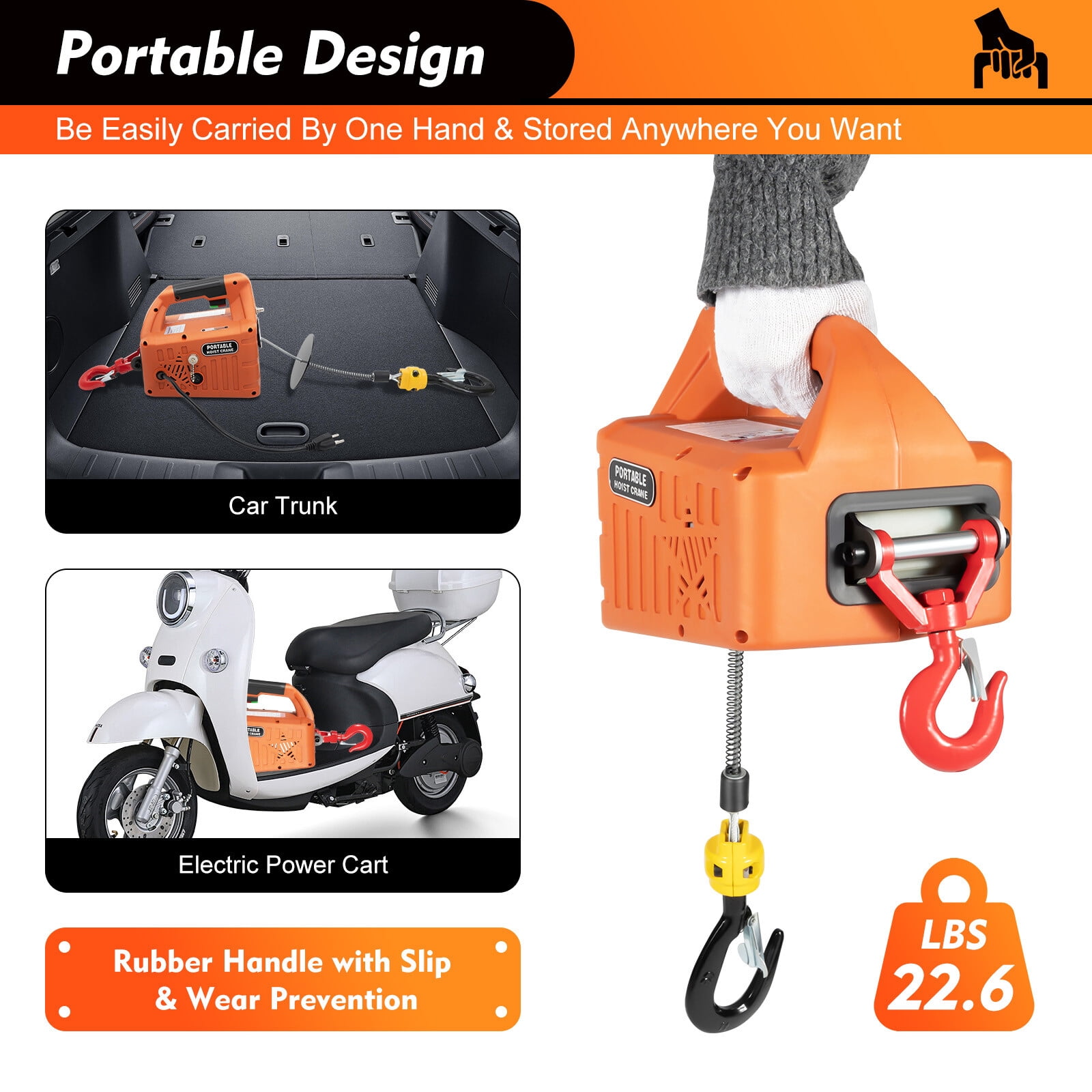 1500W 660 lbs Electric Hoist Winch Engine Crane Overhead Lifting Wireless Remote Orange for Gardens, Forests