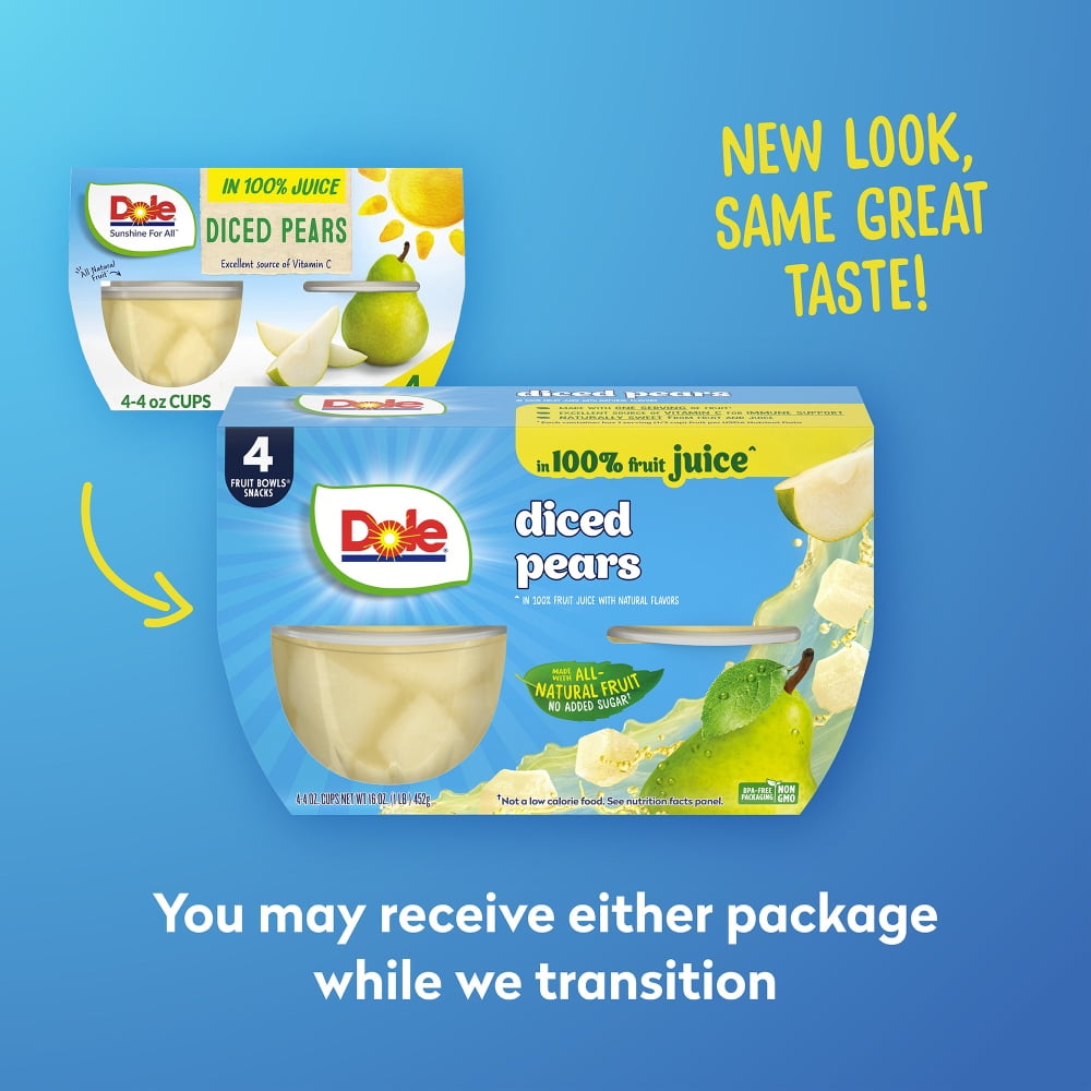 Dole Fruit Bowls Diced Pears In 100% Fruit Juice Cups 4 ct / 4 oz - 3 Pack