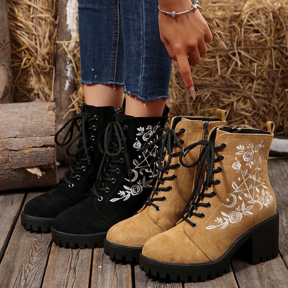 Women Boots Chunky Heel Round Toe Lace-Up Side Zipper Casual Winter Warm Short Boots Solid Color Winter Shoe for Women's Trendy Khaki 6.5