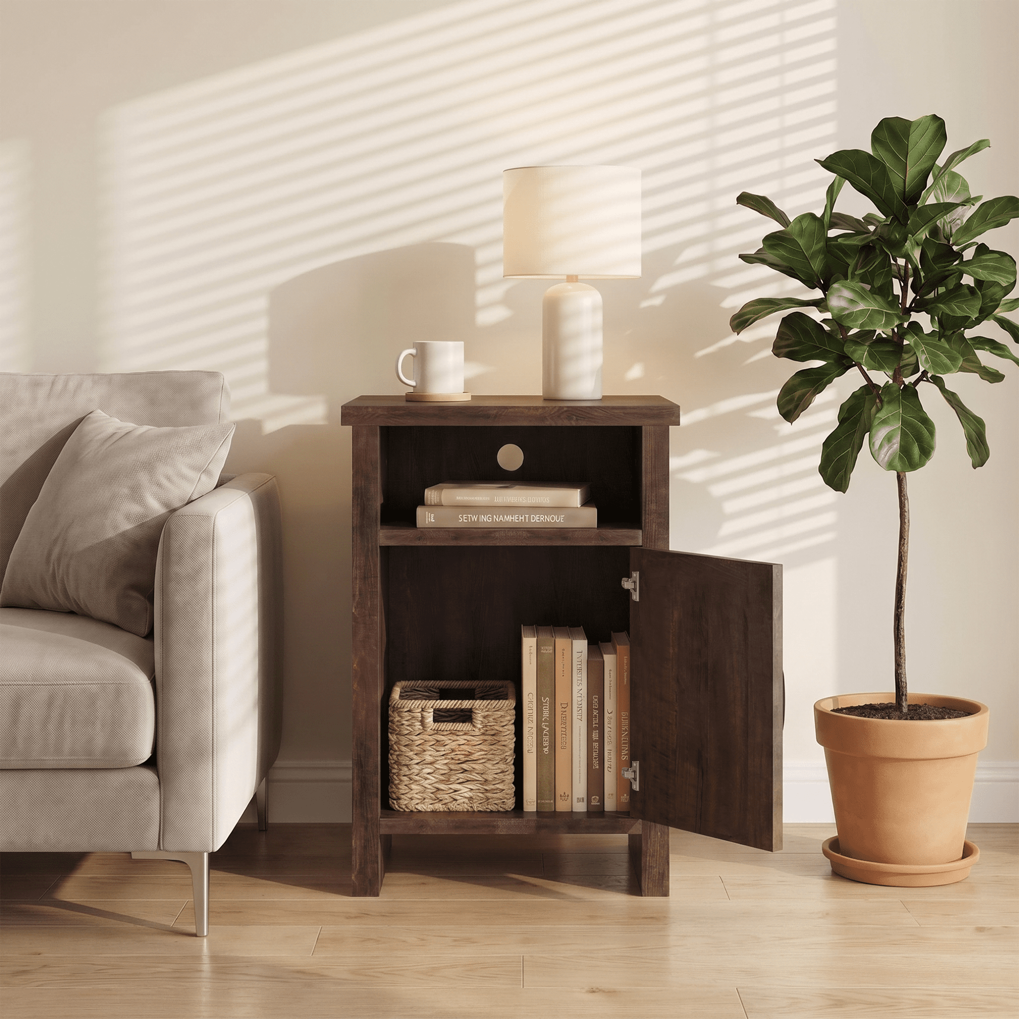 Furmax Farmhouse End Table, Nightstand with Barn Door and Shelf, Side Table for Living Room Bedroom, Dark Brown