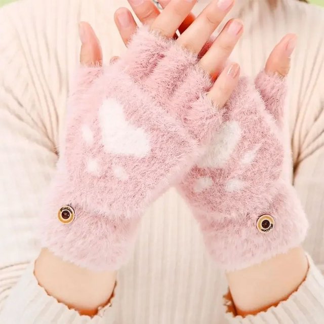 Guantes gruesos y cálidos para mujer, de moda, con forma de garra de gato, de felpa, suaves, cortos, sin dedos, de medio dedo, para invierno.