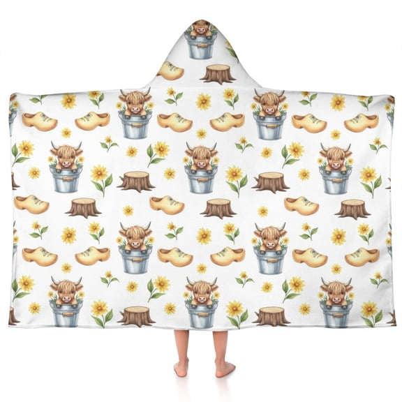 Highland Cow Bucket Flower Shoe Pattern Hooded Bath Towel，50"x30" for Ages 3 To 12 Kids, Quick Dry Lightweight Soft Microfiber Hood Beach Towel Cover Up for Kids