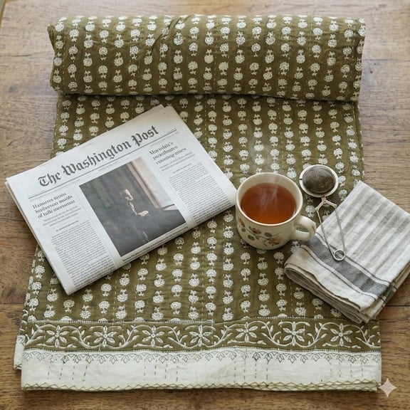 Handmade Brown Indian Kantha Quilt â€“ Olive Floral Block Print Cotton Bed Blanket with Cream Border, Soft Lightweight Bedding