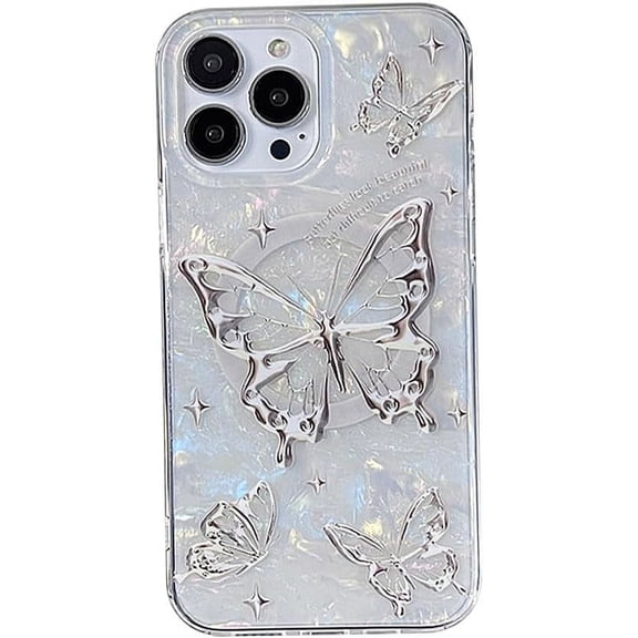 for iPhone Case,[Compatible with MagSafe] luxury Crystal Clear Bling Butterfly Pearly Shell Pattern Soft Shockproof Cover Phone Case (Silver,iPhone 14 Plus)