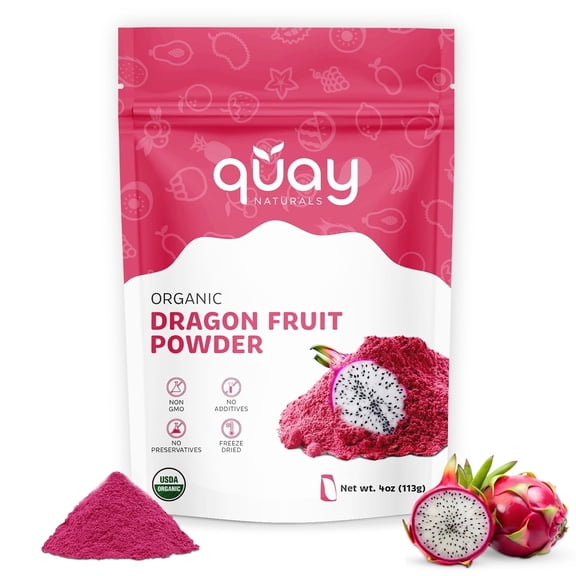 Quay Naturals Organic Dragon Fruit Powder, Pink, 4oz, Freeze-Dried, Non-GMO, No Additives, Pure Natural Powder for Smoothies & Baking