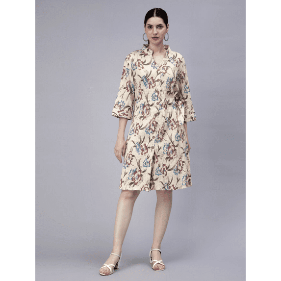 Off white floral printed crepe cotton dress