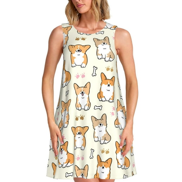 Bixox Cartoon Corgi Print Women's Sleeveless A-Line Dress with Pockets, Casual Knee-Length Tank Dress for Summer-X-Large