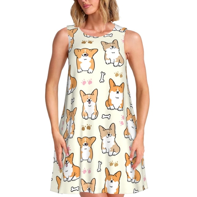 Bixox Robe Sans Manches à Imprimé Corgi pour Femmes avec Poches, Robe Décontractée Longueur Genou pour l'Été-TG