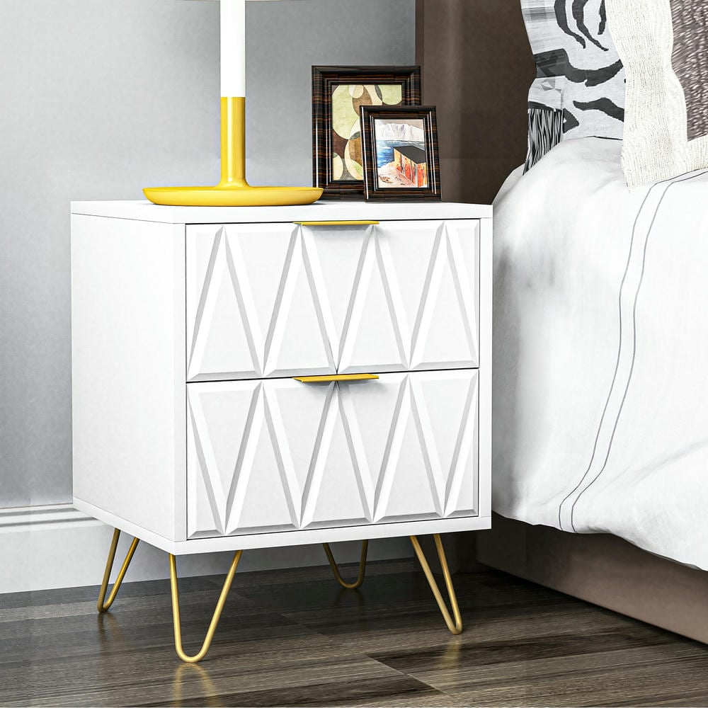 GVN Nightstand, Bedside Table,White Nightstand Set of 2 with Gold Handle, Bedside Table with 2 Drawers & Gold Legs for Bedroom Living Room