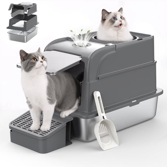 Euqvunn Stainless Steel Litter Box with Lid, High Sided Enclosed Metal Cat Litter Pan with High Sided Enclosure & Scoop, Front & Top Entry, Non-Sticky Metal Pan