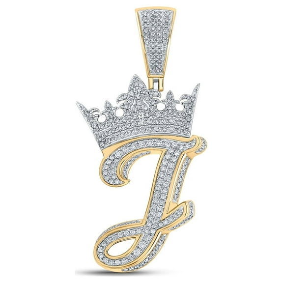 Macey Worldwide Jewelry 10k Two-tone Gold Mens Diamond Crown J Letter Charm Pendant 1-1/4 Ctw