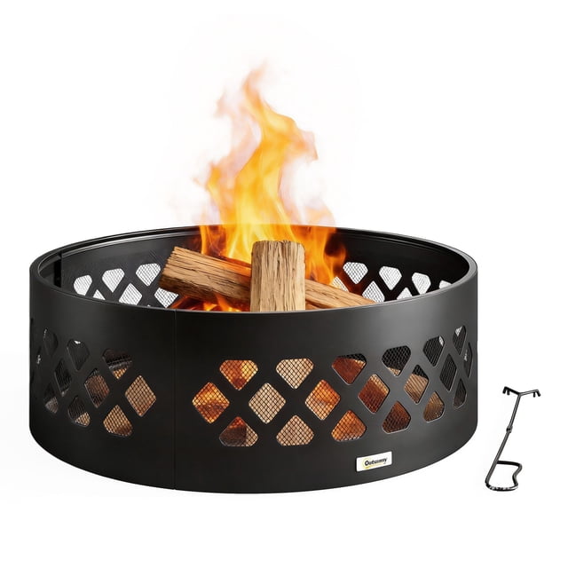 36" Outdoor Wood Burning Fire Pit, Portable Metal Mesh Fire Ring with Poker, Black Bottomless Firepit for Camping, RV, Patio and Backyard, Enhances Airflow for Less Smoke