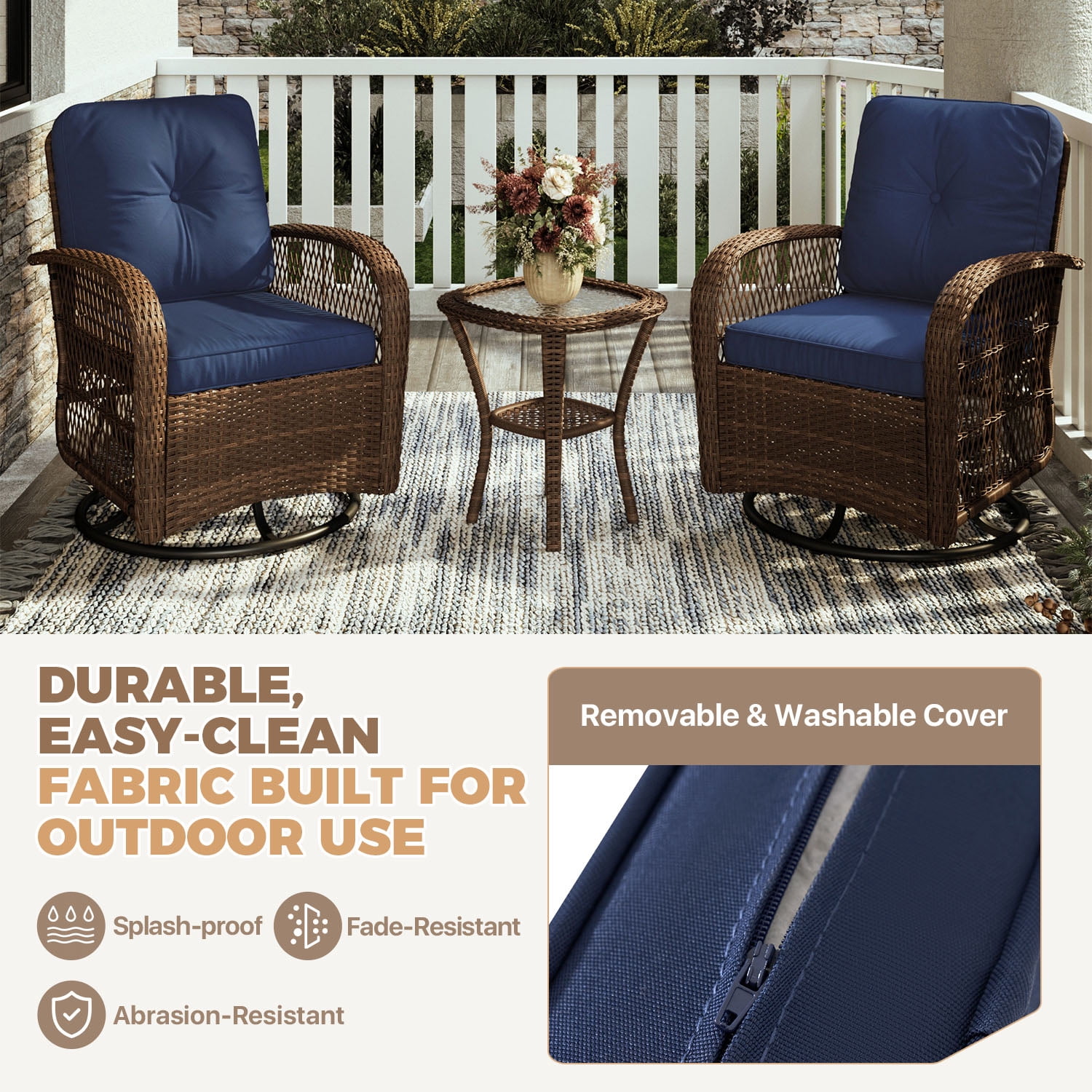 BaPiPro Navy Blue 6-Piece Outdoor Swivel Rocker Wicker Conversation Set – Weatherproof Rattan Patio Furniture with 4 Armchairs, Cushions & Tempered Glass Side Tables for Deck, Backyard, Porch
