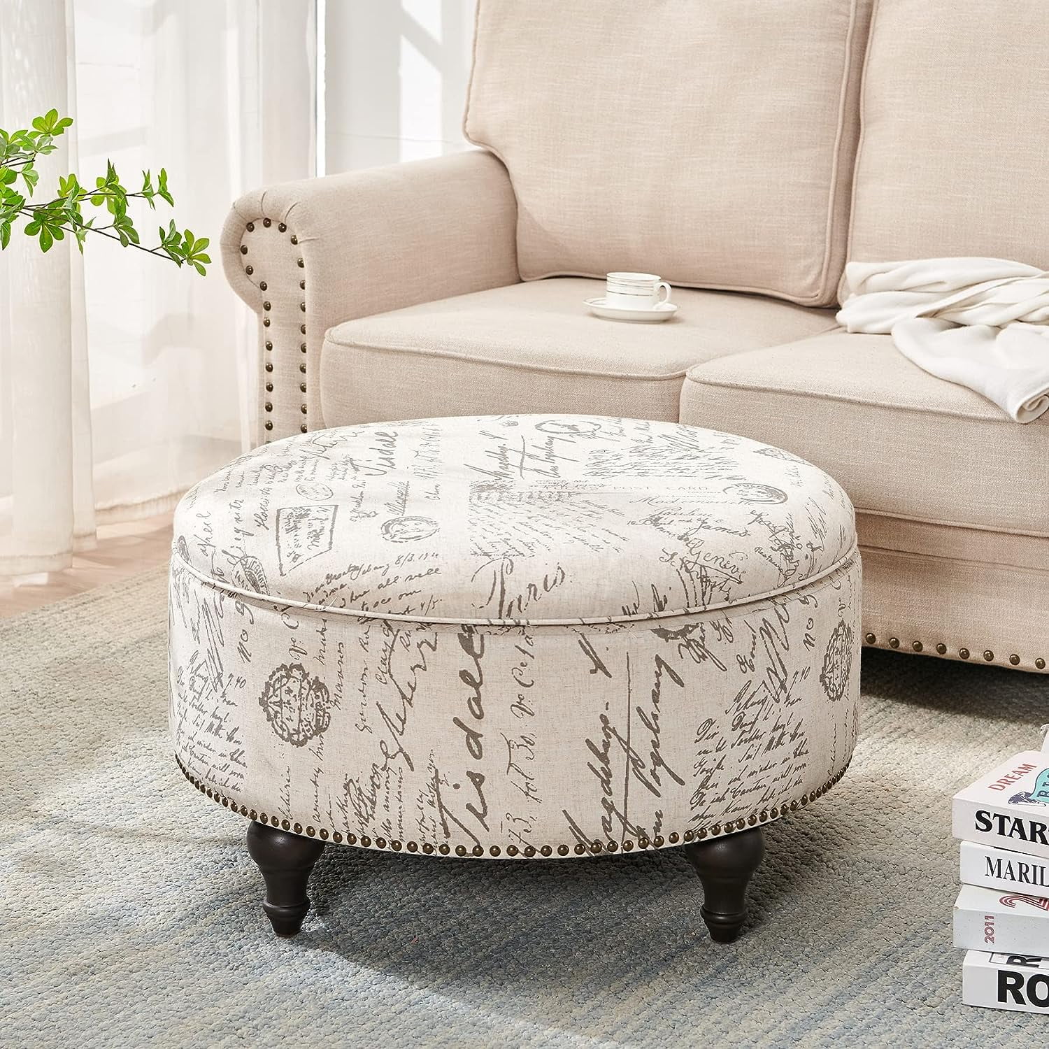 Nathaniel Home, 30" Round Storage Ottoman Footstool with Removable Lid, Button Tufted Ottoman Coffee Table with Legs, Large Ottoman with Storage for Bedroom, Beige