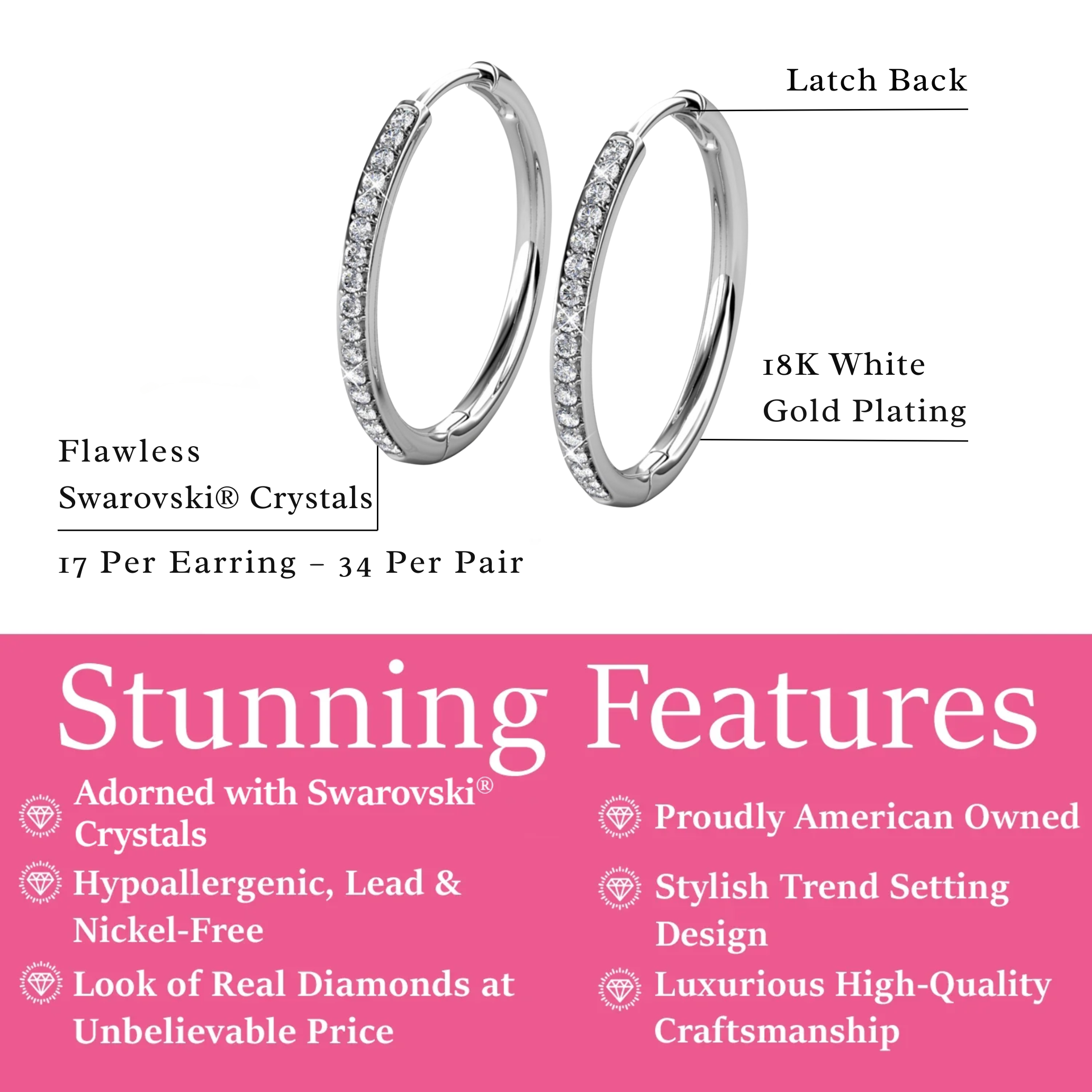 Cate & Chloe Bianca 18K White Gold Plated Hoop Earrings with Swarovski Crystals photo 3
