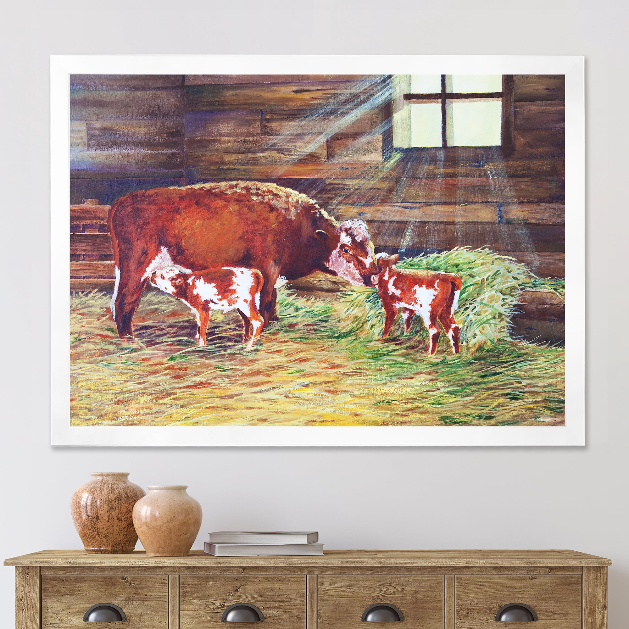 Designart 'Newborn Twin Calves With Cow At The Farm' Farmhouse Framed Art Print
