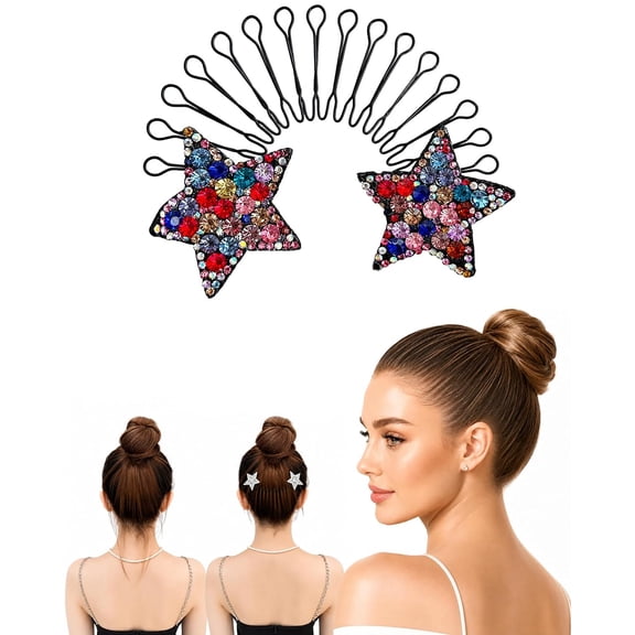 Star Rhinestone Hair Bun Holder, Multi‑Color Crystal Star Hair Pins Decorative U‑Shaped Hair Fork Clips for Women Girls Updo Hairstyle Hair Accessories