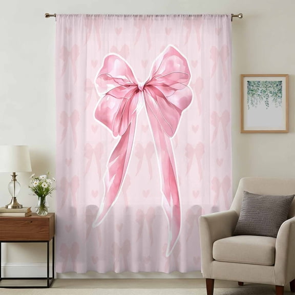 Pink Bow Sheer Curtains 96 Inches Long, Cute Watercolor Girls Cartoon Luxury Light Filering Curtains, Privacy Drapes Simi Floor to Veiling Curtain for Living Room Bedroom Large Window Treatment