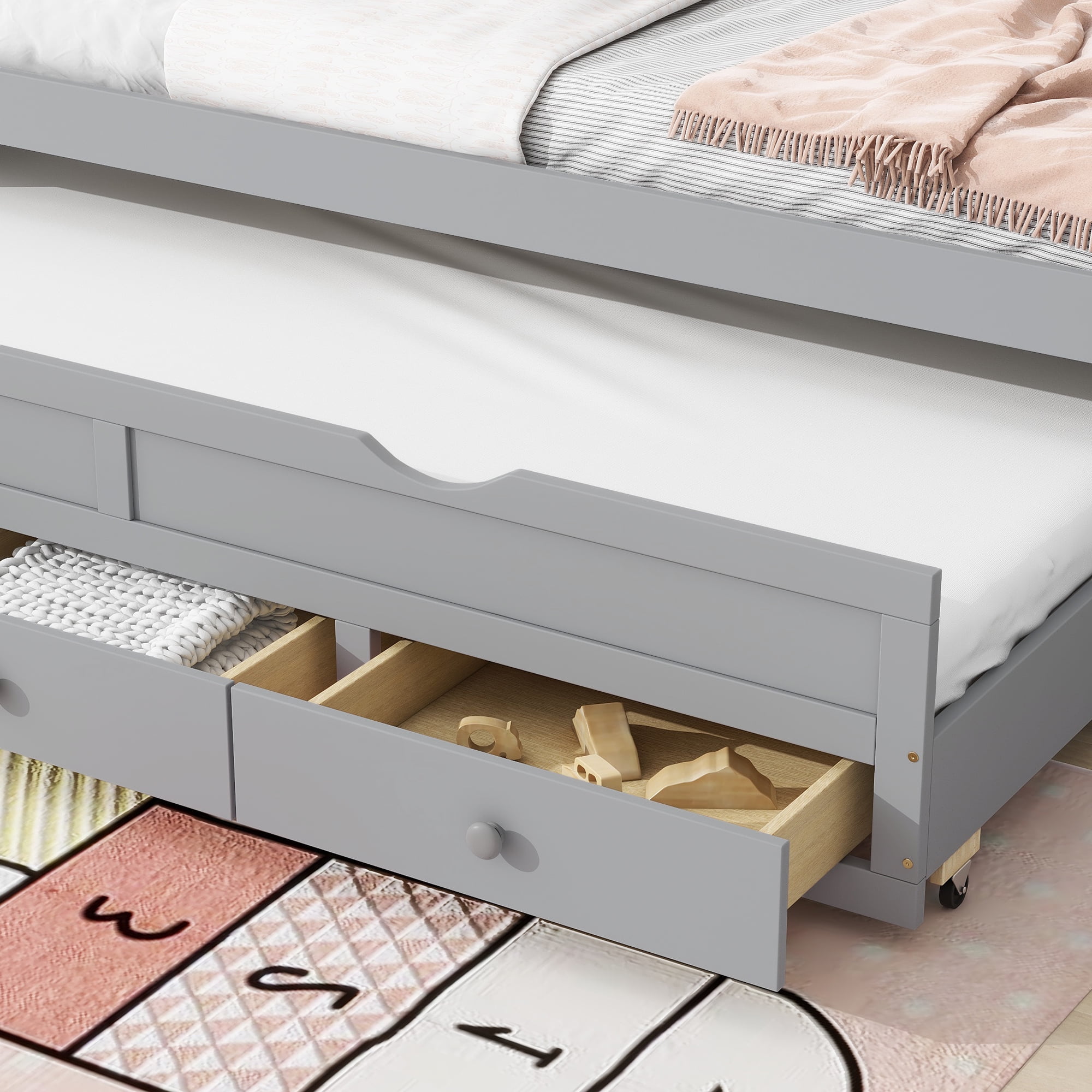 Sailvan Twin Size Bed with Headboard, Footboard, Trundle and 3 Storage Drawers, Pine Wood Bed