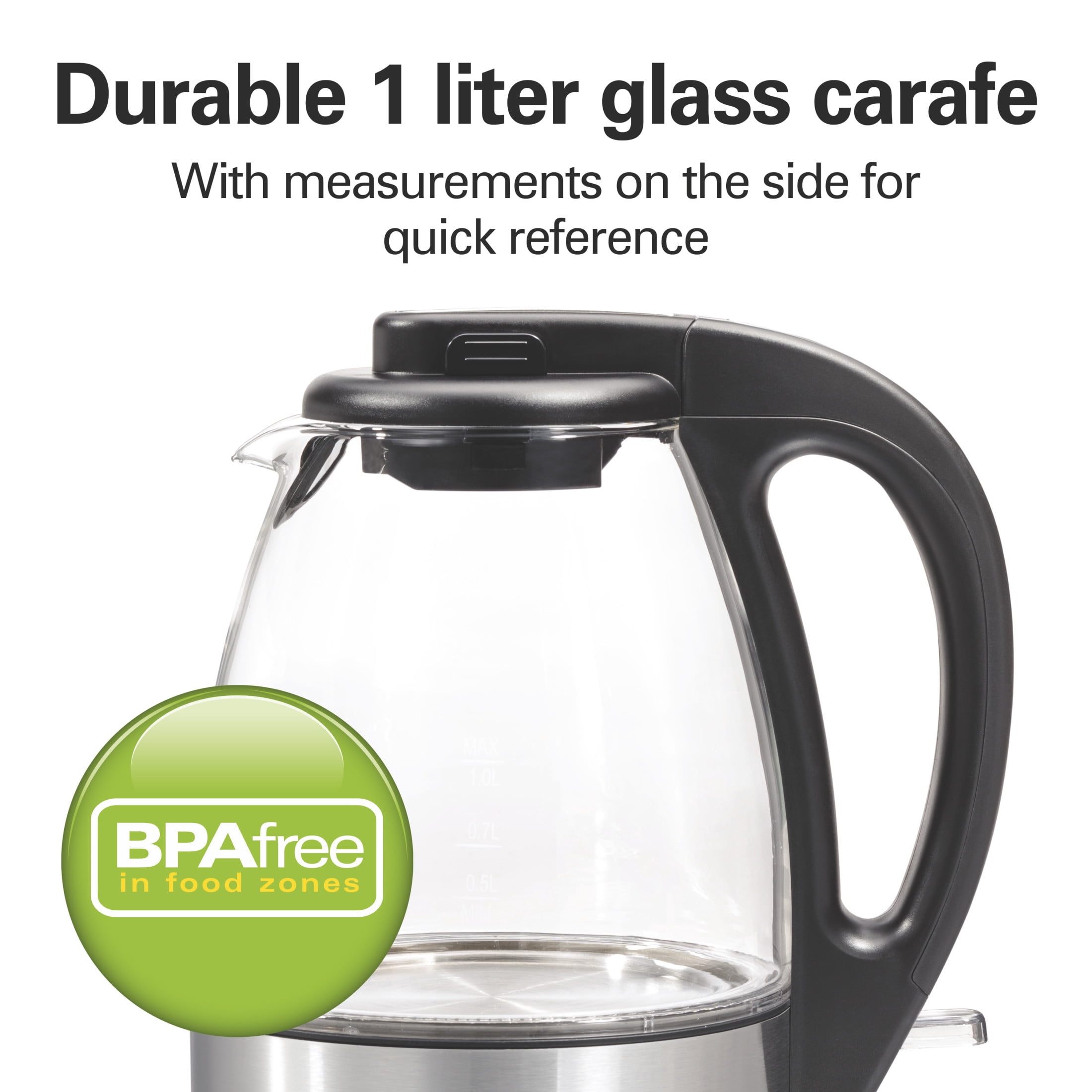 Hamilton Beach Compact Glass Electric Kettle, Tea & Water Kettle, 1L, Stainless Steel & Black Accents
