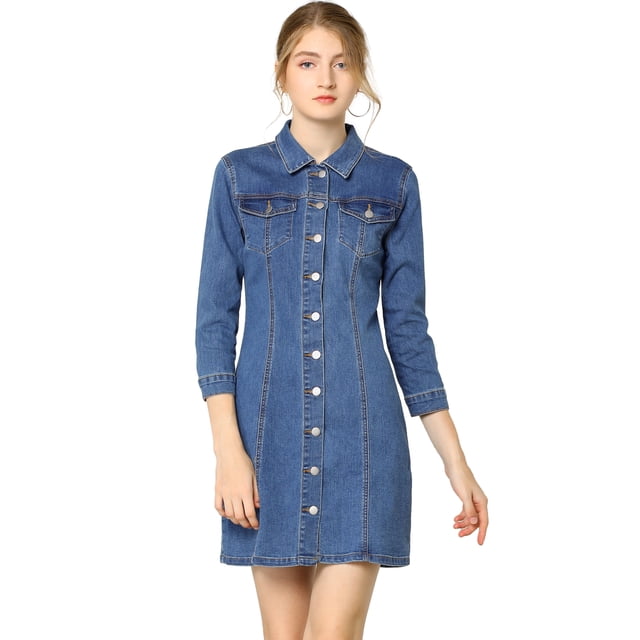 Vestido Camisero De Mezclilla Hasta La Rodilla Con Manga 3/4 Y Botones Vintage Para Mujer Azul claro M