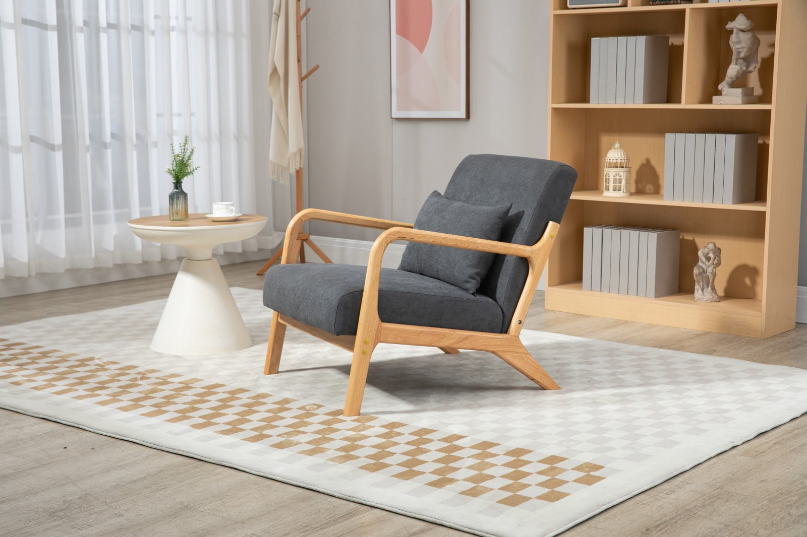 Mid Century Modern Accent Chair Upholstered Living Room Chair with Waist Cushion Wood Frame Reading Armchair for Bedroom Sunroom Indoor Lounge Chair, Antique Grey