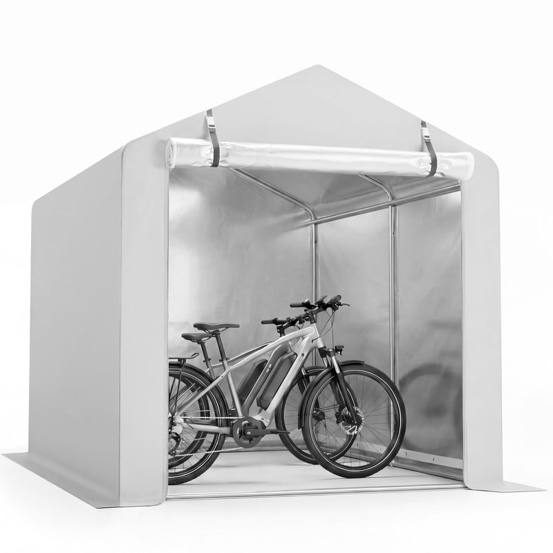 Vineego 6x8 Ft Outdoor Bike Storage Shelter, Waterproof UV Resistant Garage Tent with Zipper Roll-Up Door, Galvanized Rustproof Frame, White