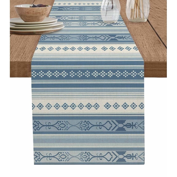 Hokiten Table Runners 72 Inches Long Dress Scarves, Blue Bohemia Stripes,Boho Vintage Flower Line Art Farmhouse Kitchen/Dining Table Runner, Coffee Tablerunners, 13x72 Inch