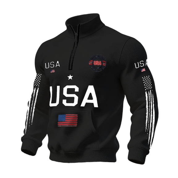 Mens Sweatshirt Stars and Stripes Graphic Zip Front Hoodless Long Sleeve Relaxed Fit Top for Fall