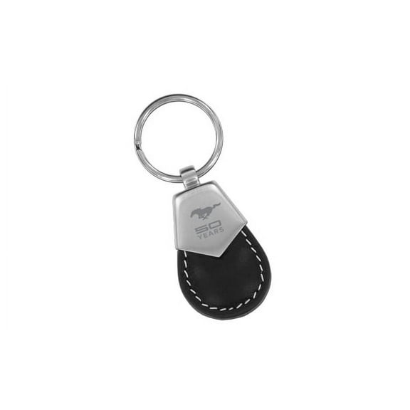 Ford Mustang 50th Anniversary Black Leather & Silver Metal Rectangular Key Chain Keychain Fob