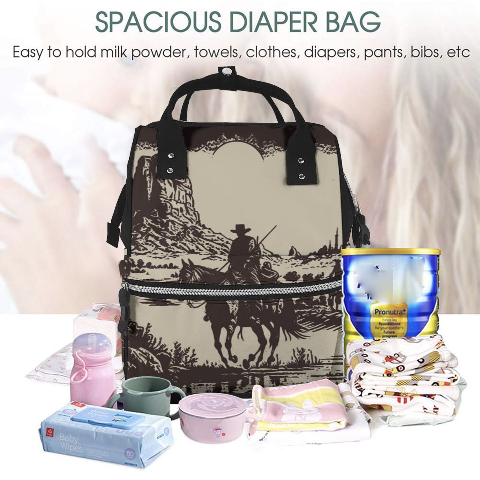 Ratiio Western Desert Cowboy Mummy Backpack - Waterproof Twill Canvas, Large Capacity Diaper Bag with Multiple Pockets and Adjustable Straps